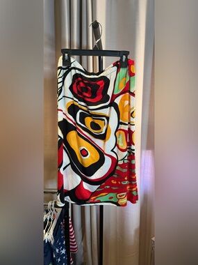 Abstract Print Midi Skirt in Red, Black & Yellow